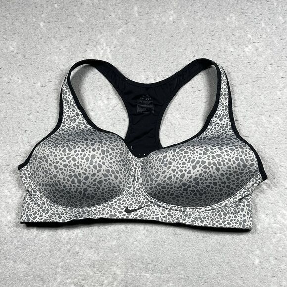 Nike DRI FIT Sports Bra Size 36B Gray Leopard Training Padded Racer Back - Picture 1 of 9